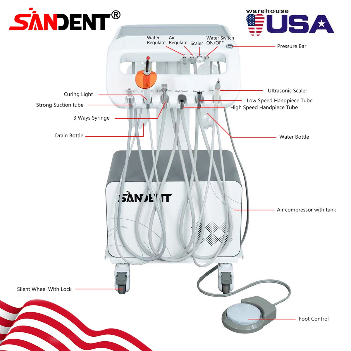 FDA Dental Portable Delivery Unit Syringe Suction Turbine w 4H Air Compressor
