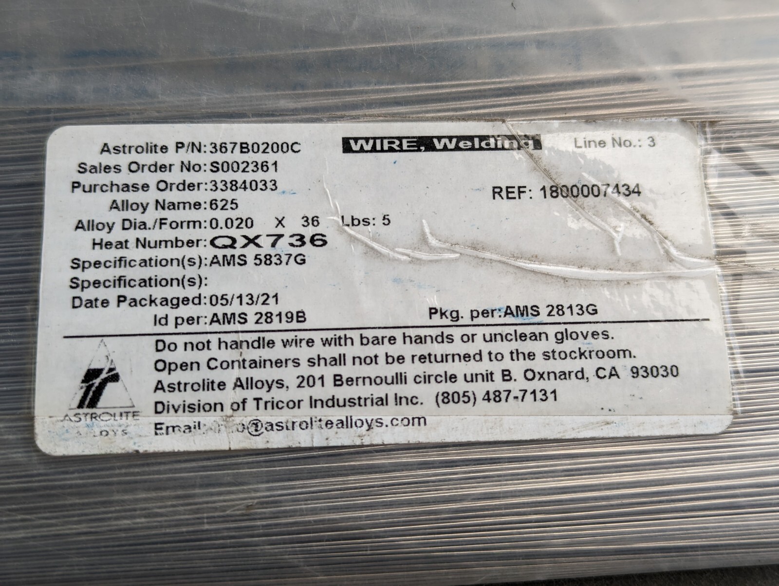 ASTROLITE Inconel 625 Tig Rod AMS5837G 0.020″ x 36 5lbs