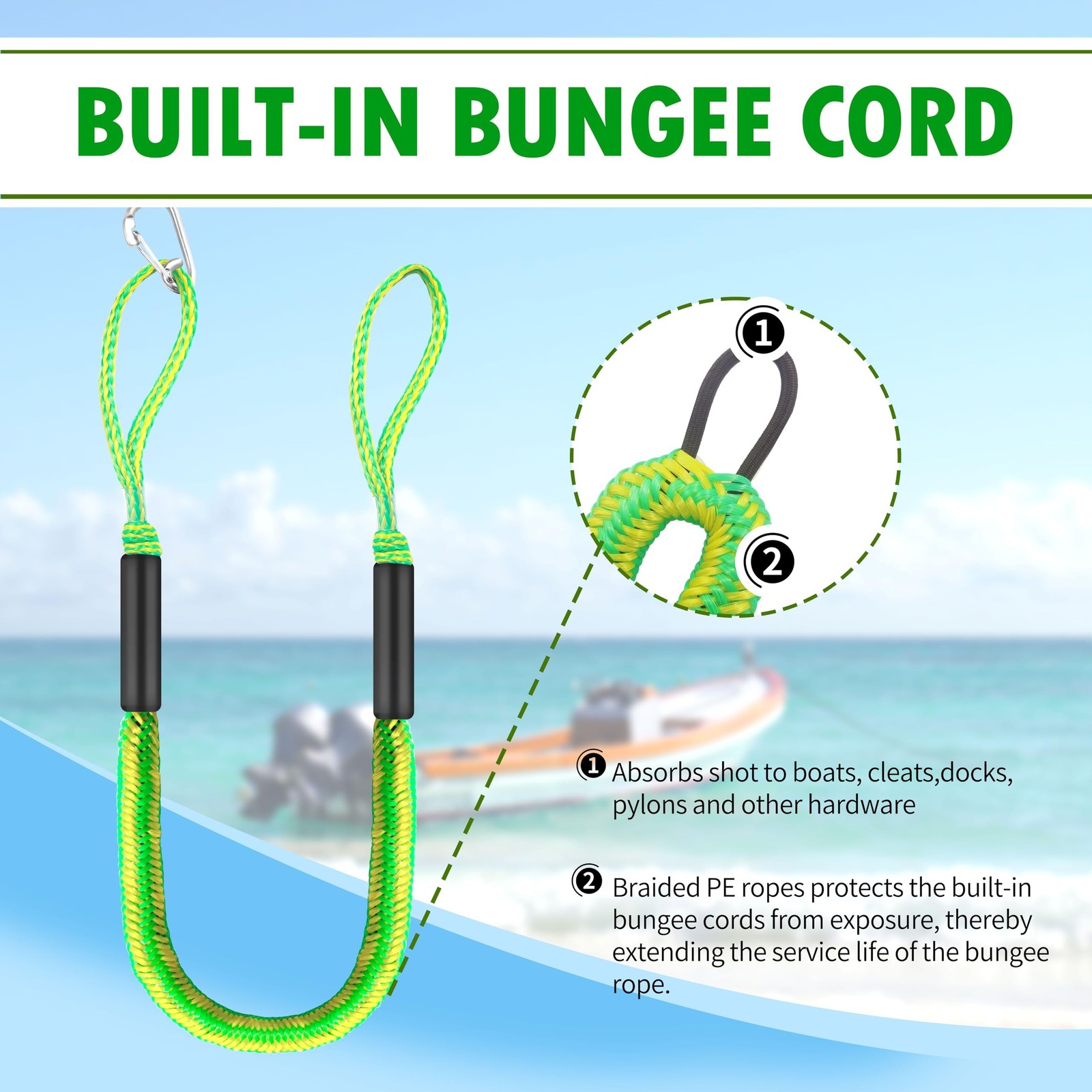 Boat Bungee Dock Lines 4 ft – Single Hook Dock Rope with 2 Loops, 2 Pack (Gre…