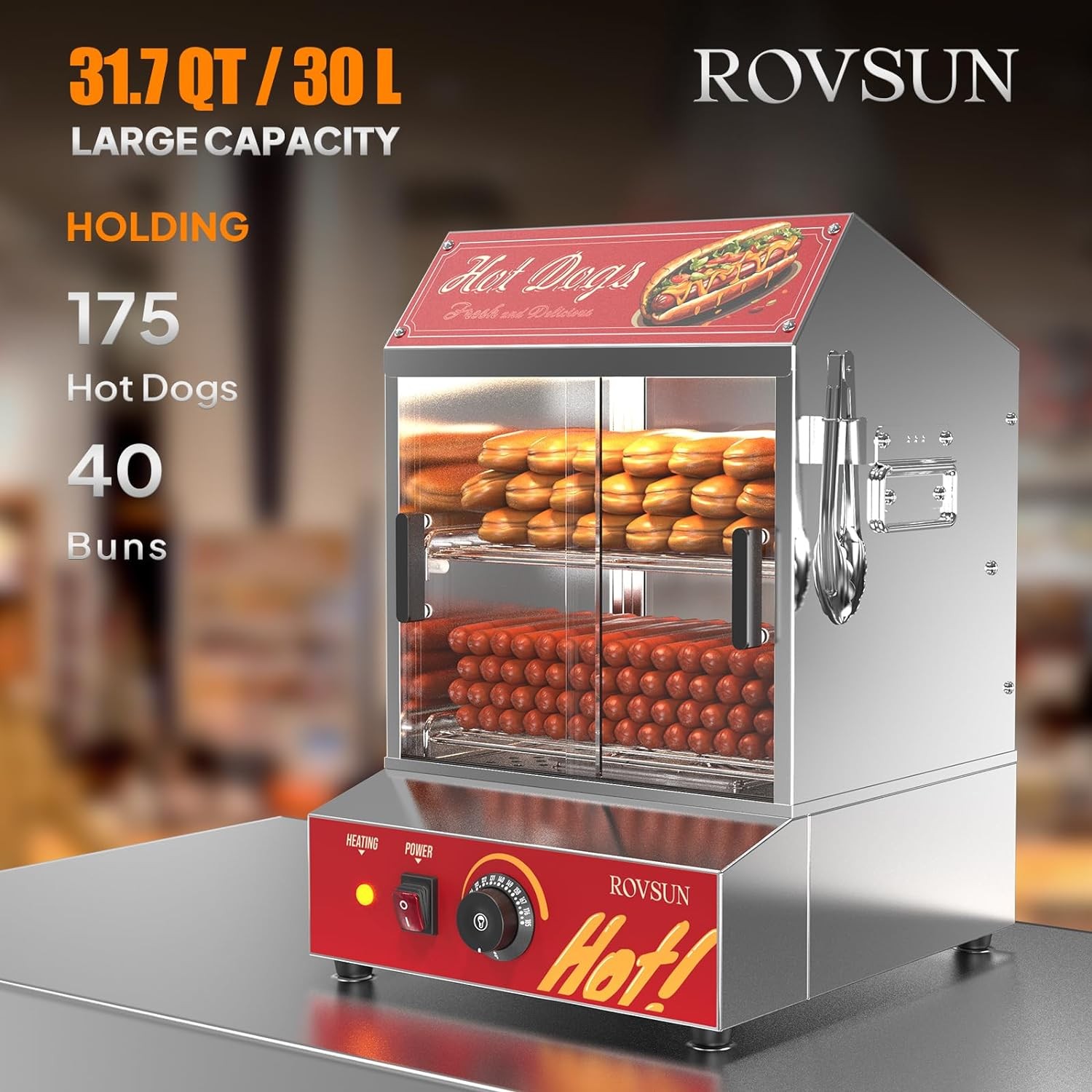 ROVSUN 500W Commercial Hot Dog Steamer 2 Tier Electric Bun Warmer W/Slide Doors