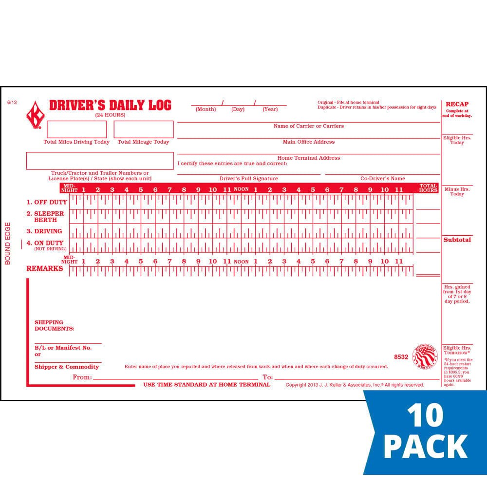 J. J. Keller Driver Daily Log Book 10-pk., DVIR & Simplified Recap, 2-Ply with