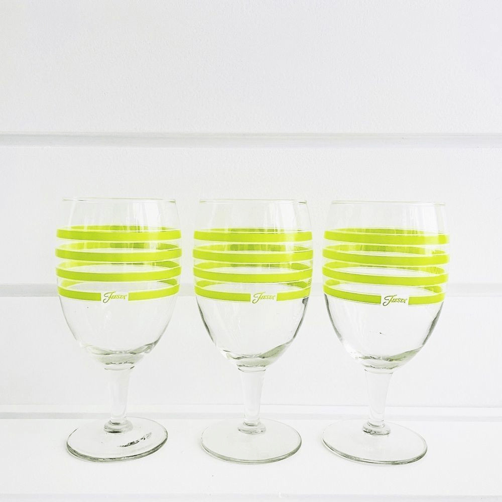 Fiesta Set of 3 Retired Chartreuse Striped Stemmed Goblet Wine Glasses