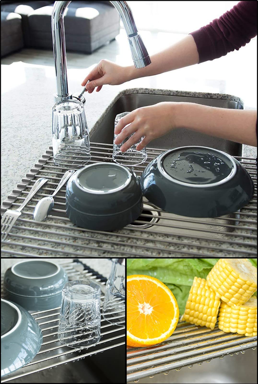 Tomorotec 17.7″ x 15.5″ Roll Up Dish Drying Rack Over 17.7 x 15.5 in, Gray