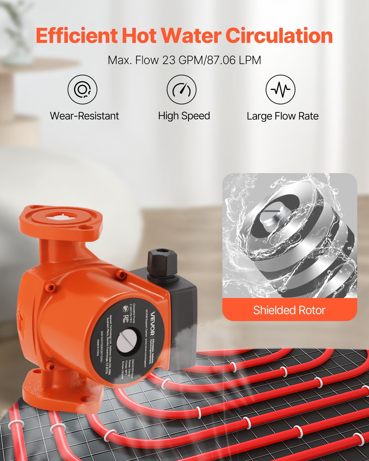 VEVOR F-007-F5-71FC Cast Iron Circulator Pump Hot Water Circulation 1/10HP 23GPM