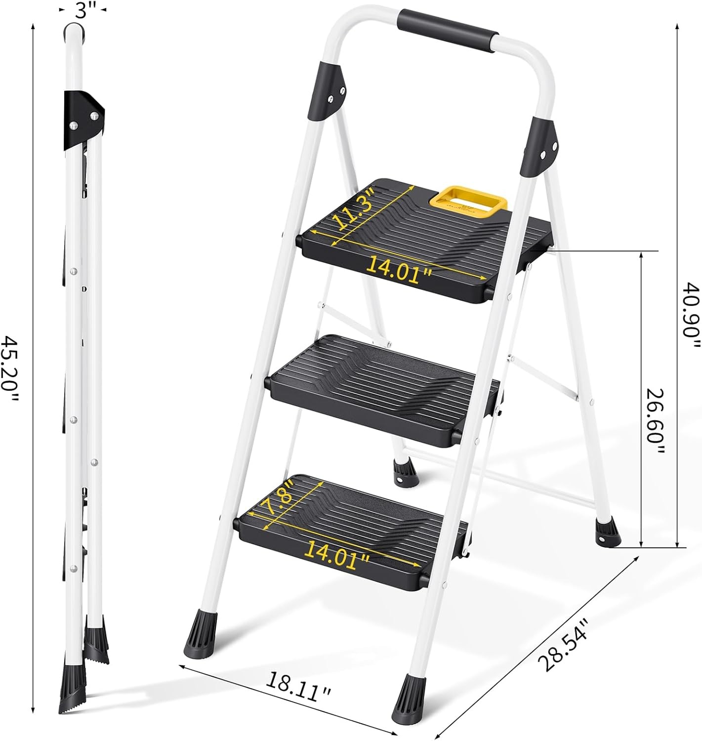 KINGRACK 3 Step Folding Ladder, 800lbs Capacity Stool with 3-STEP, White