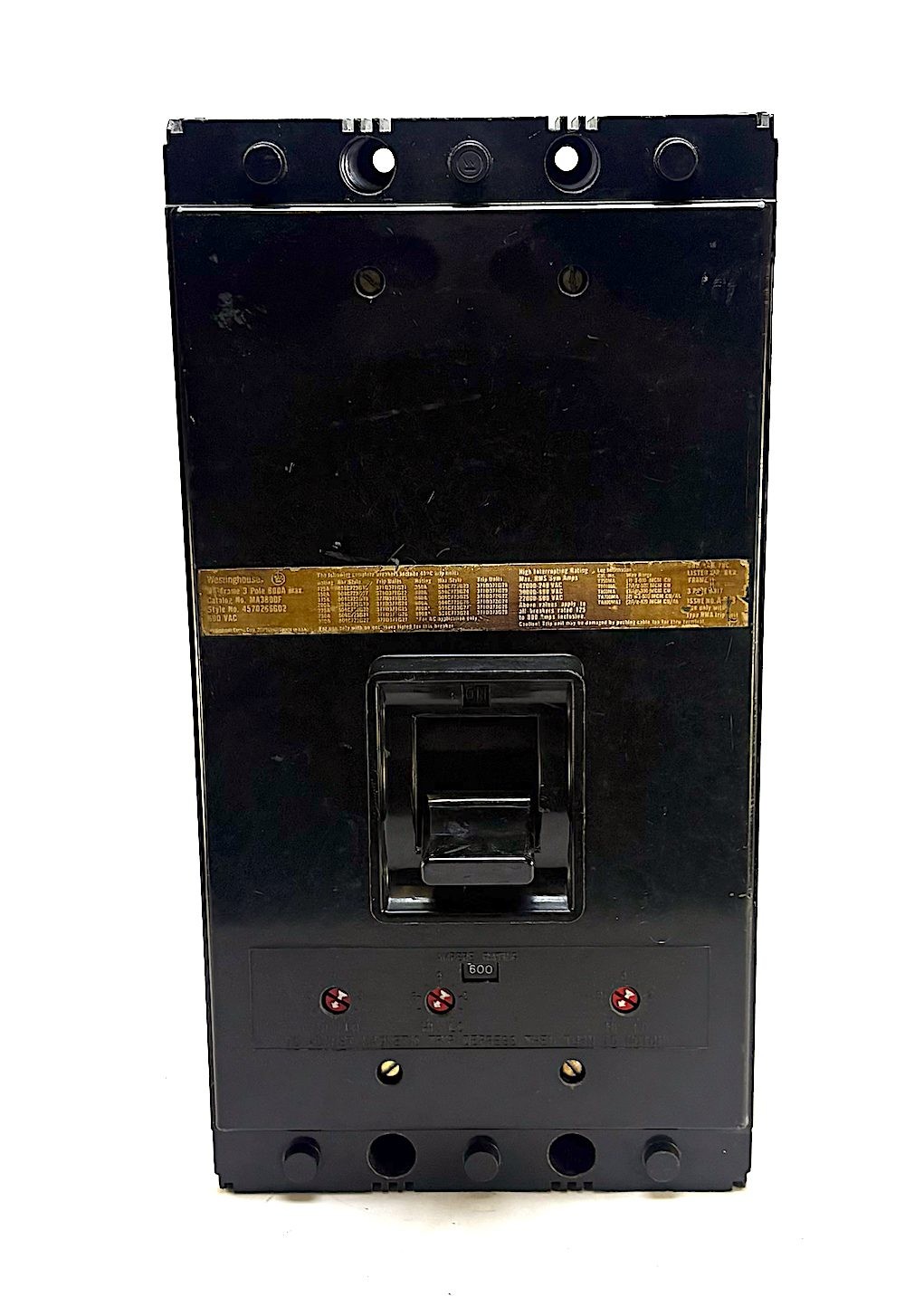 Westinghouse MA3800F 3 Pole 800A 600V Circuit Breaker w/600A Trip