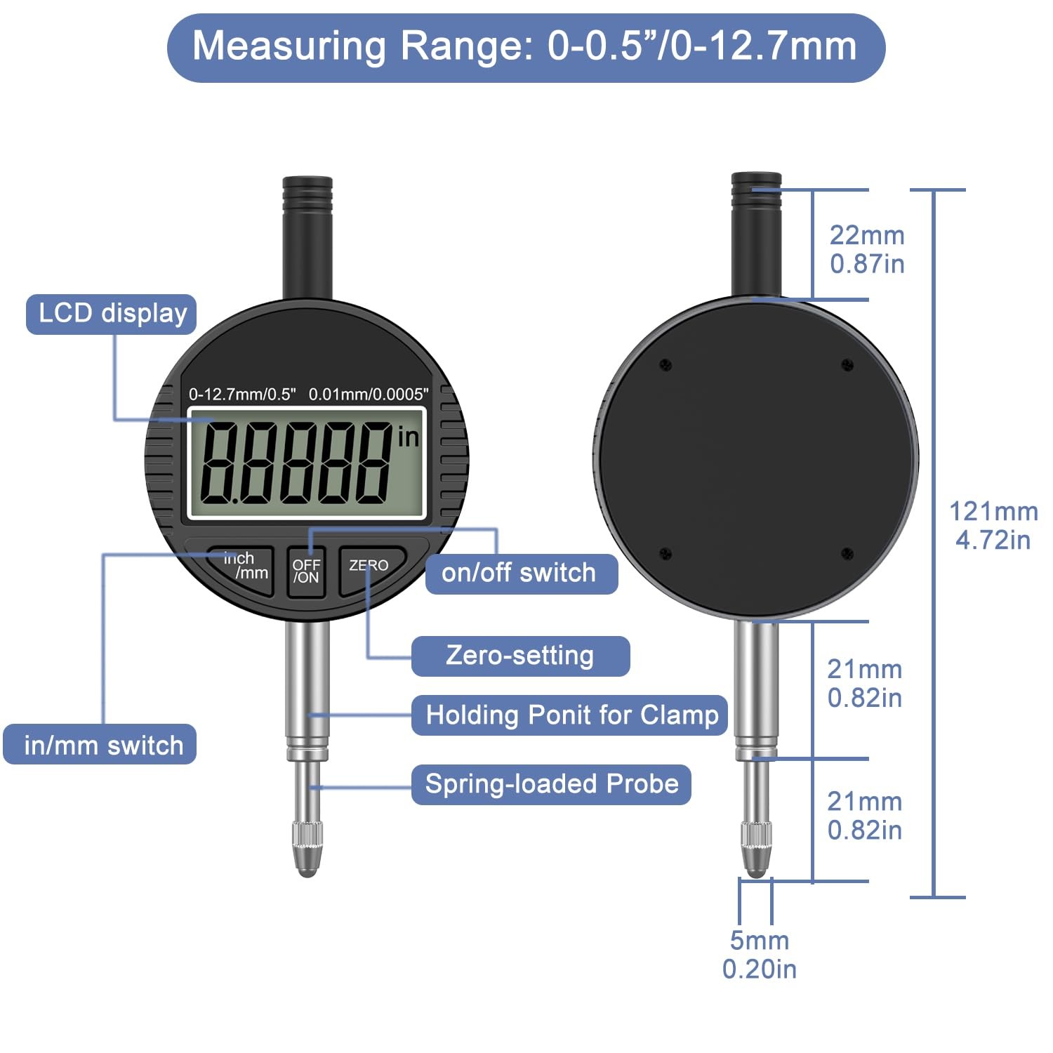 HDLNKAK Electronic Digital Dial Indicator Gauge 0-12.7Mm/0.5” Inch/Metric Conver