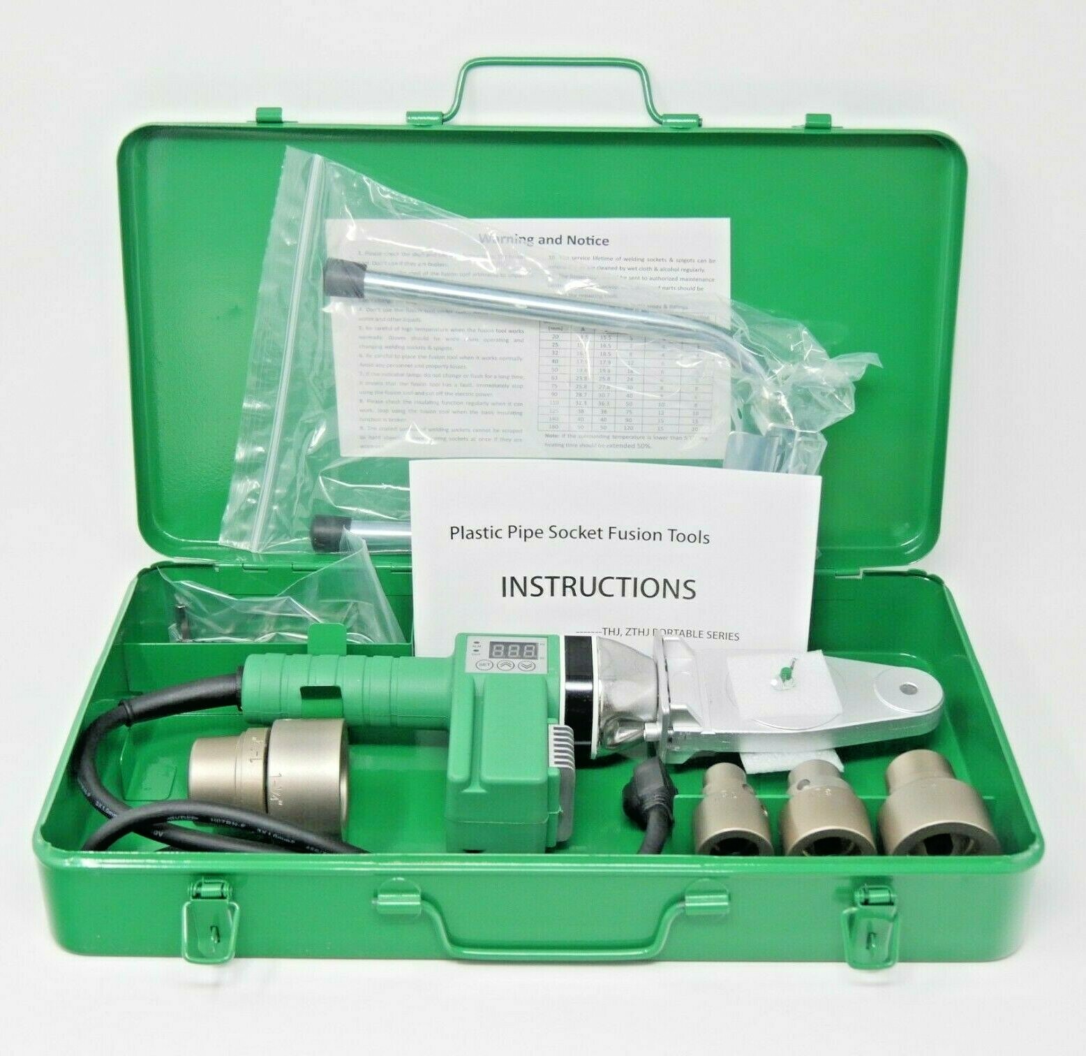 110V – HDPE Pipe Fusion Welding Tool w/ Case & 1/2, 3/4, 1 & 1-1/4″ IPS Sockets