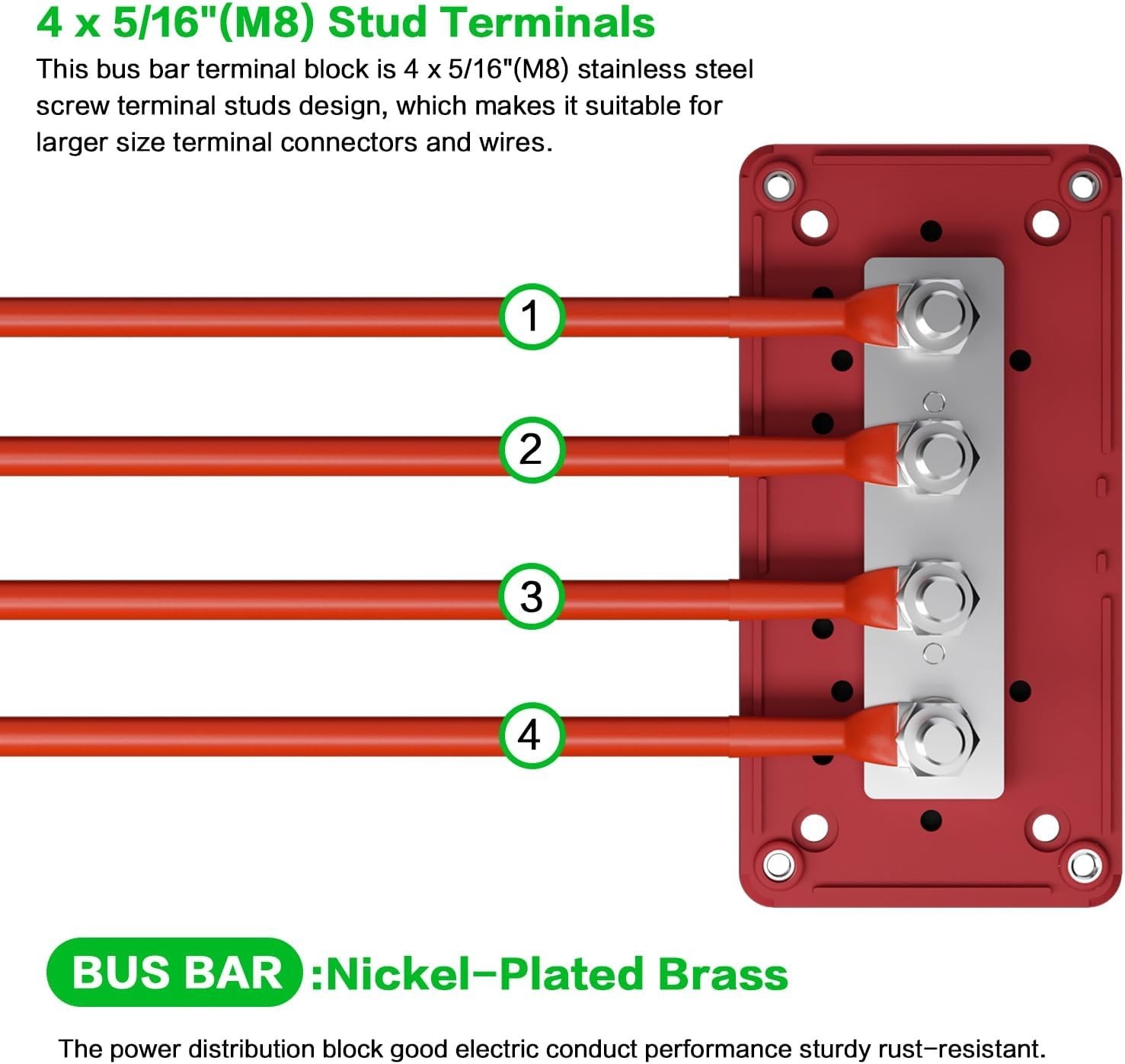 2Pcs 300A Busbar 12-48V DC Heavy Duty Copper Power Distribution Block 4 X M8 (5/