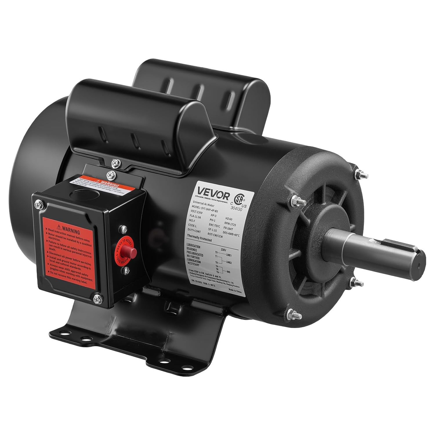 3 HP Electric Motor 1750 RPM, Single Phase 230V, 1.125in Shaft, 184T Frame