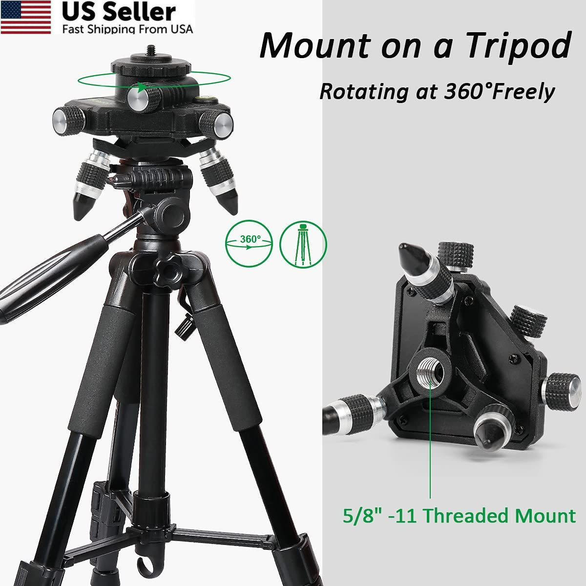 Laser Level Adapter 360-Degree Rotating Base 1/4″ Tripod Mount Micro-Adjust USA