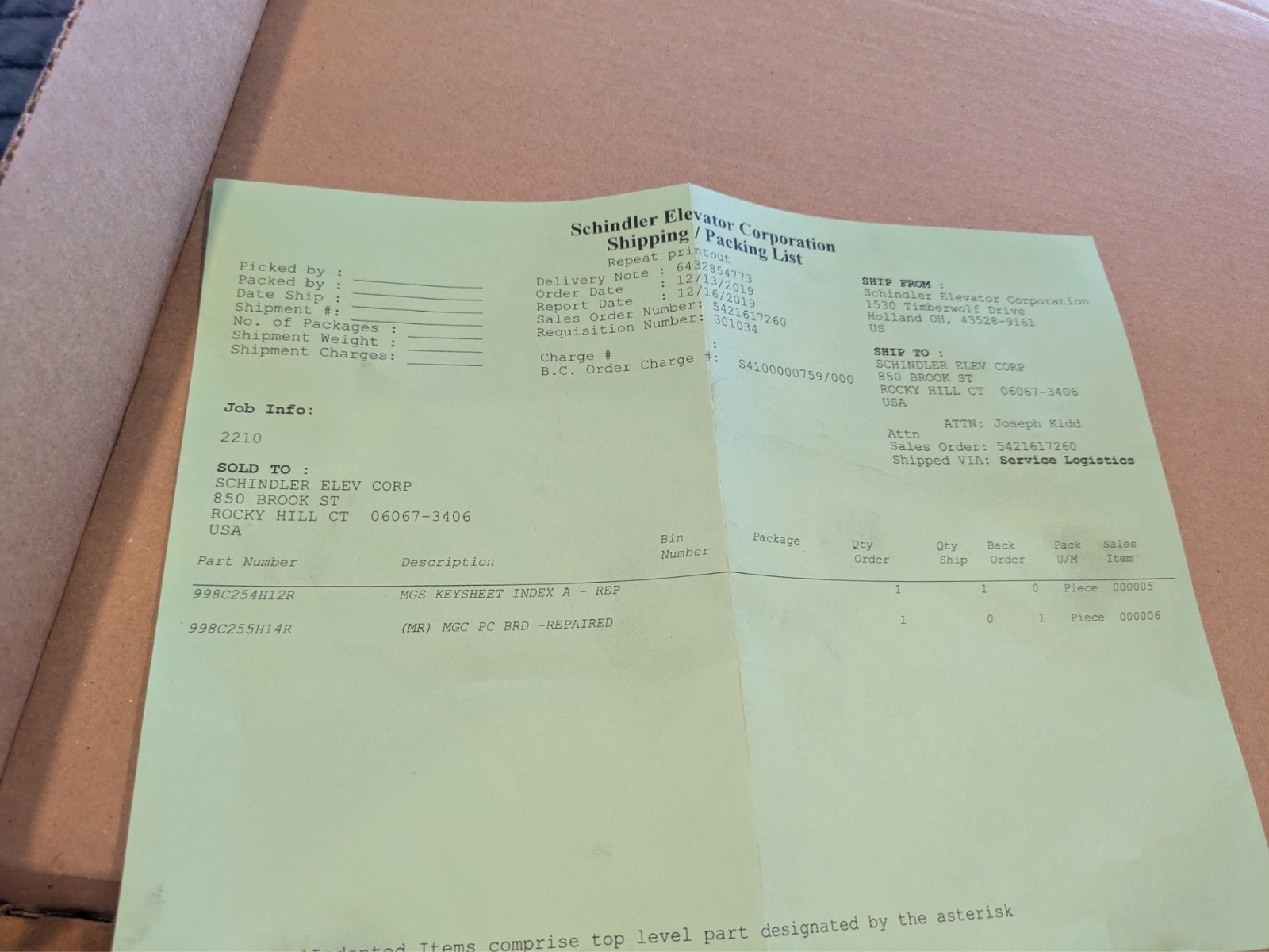 Schindler Elevator MGC PC Board 998C255H14R Repaired OEM Control Board w/ Papers