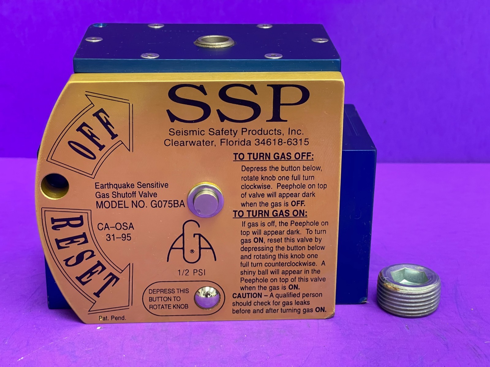 Seismic Safety Products Inc Earthquake Sensitive Gas Shut Off Valve Model G075BA