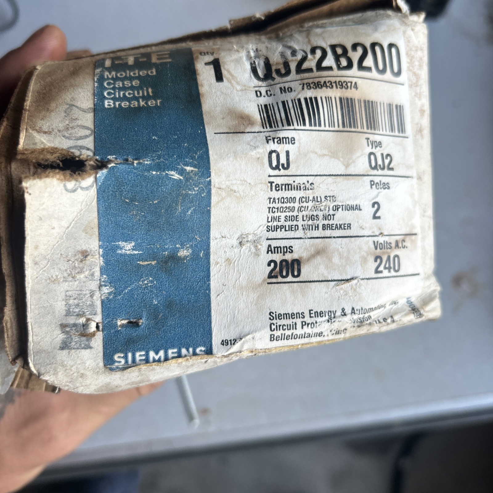 Siemens/ITE QJ22B200 – Type QJ2 200A 240V Bolt-On Molded Circuit Breaker NIB