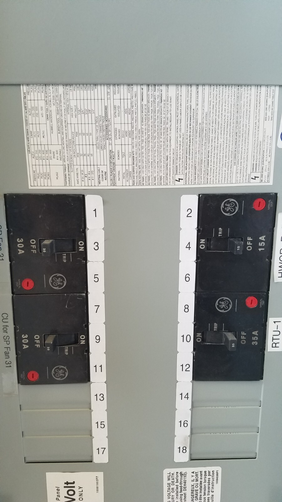 AEU3182RCX GE 225 Amp 480Y/277V 3Ø 4W 18ct. N1 Main Lug Panel w/ 4 TEY Breakers