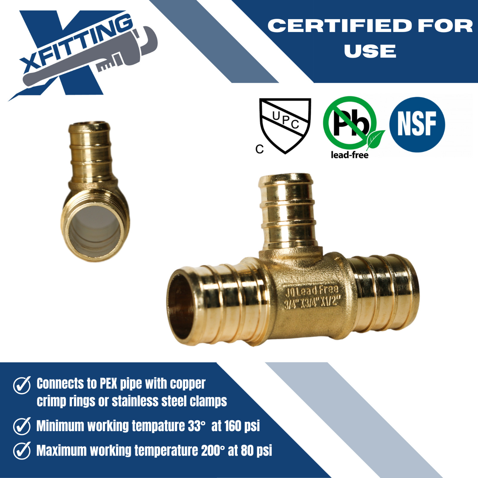 25 PIECES 3/4″ X 3/4″ X 1/2″ PEX TEE BRASS CRIMP FITTINGS ( LEAD FREE )