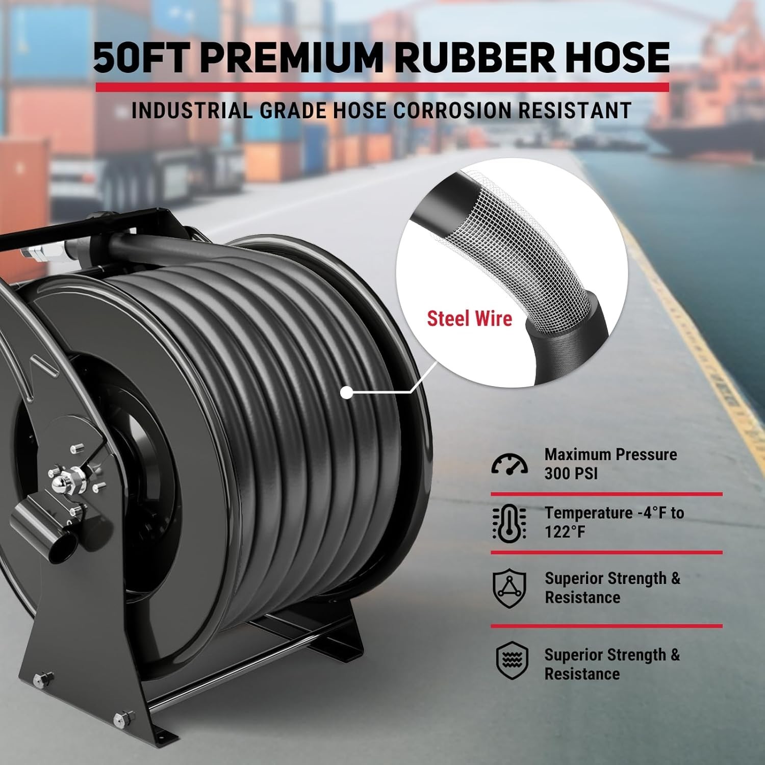 Fuel Hose Reel Retractable Diesel Hose Reel 1″ x 50′ Auto Fueling Nozzle, Black
