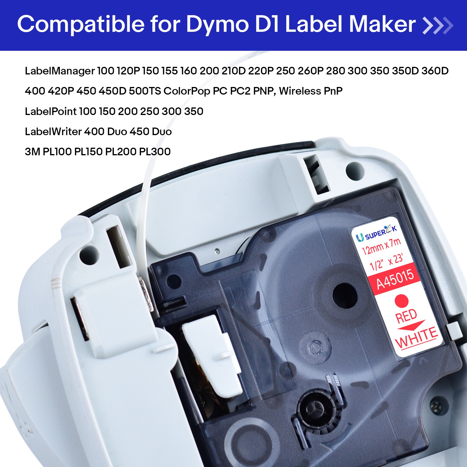 Standard Red on White Label Tape For DYMO D1 A45015 LabelManager 200 300 12mm