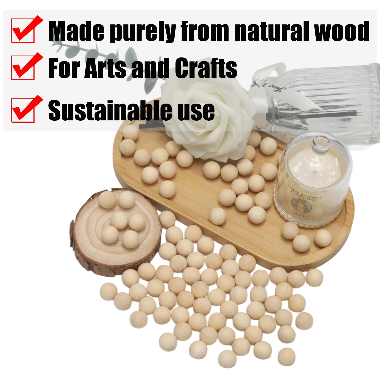 JAKOUE 100 PCS 1/2 inch (12mm) Wooden Balls, Small Unfinished Round
