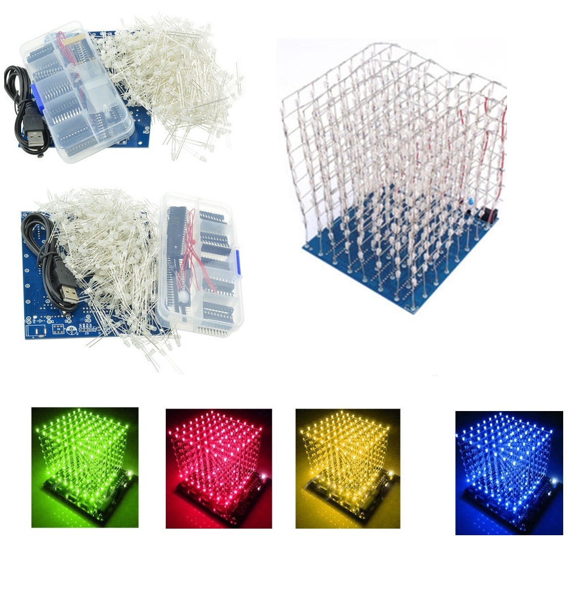 3D Squared DIY Kit 8x8x8 3mm LED Cube White LED Blue/Red Light PCB Board K9