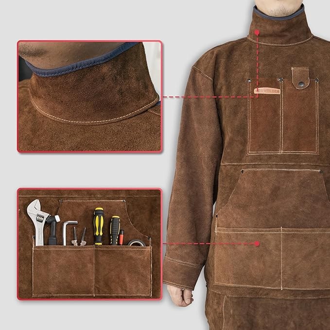Heat Resistant Leather Welding Apron with Sleeve & 6 Pockets, Brown
