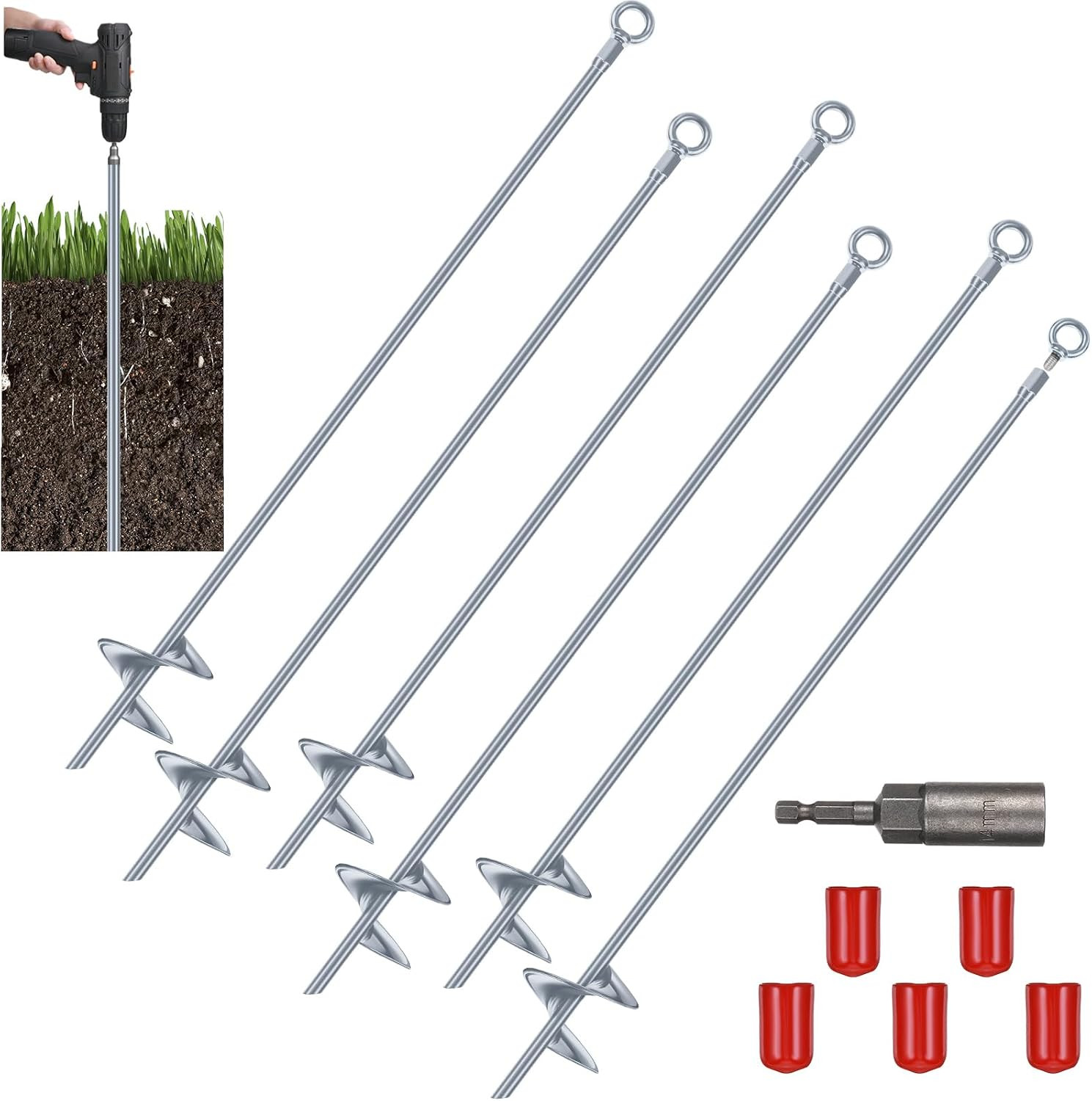 6 Pcs 30 Inch Long Spiral Ground Anchor Heavy Duty Blade Earth Anchor Kit Metal