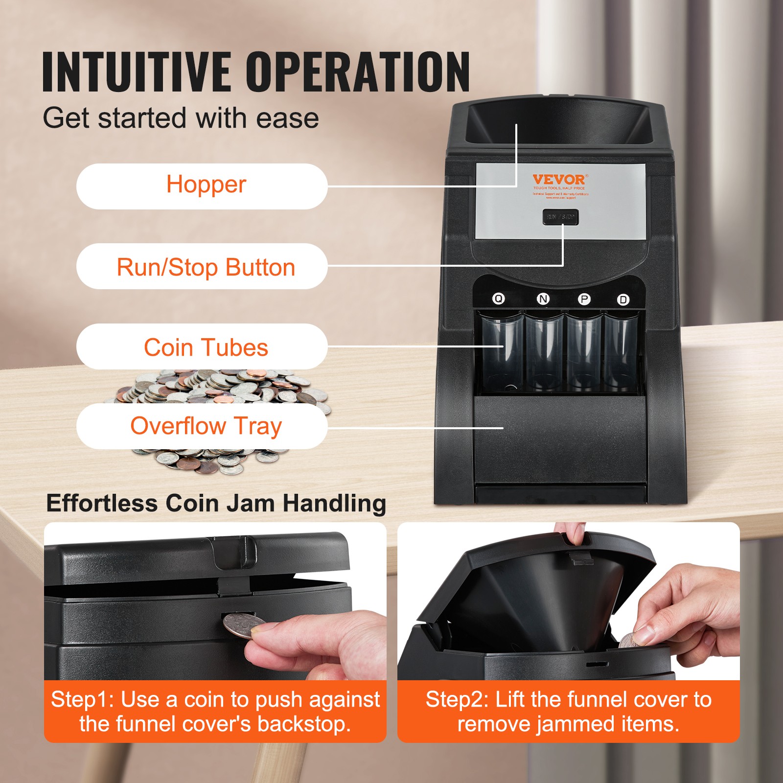 VEVOR USD Coin Sorter Coin Wrapper and Roller 230 Coins/min 4 Coin Tubes