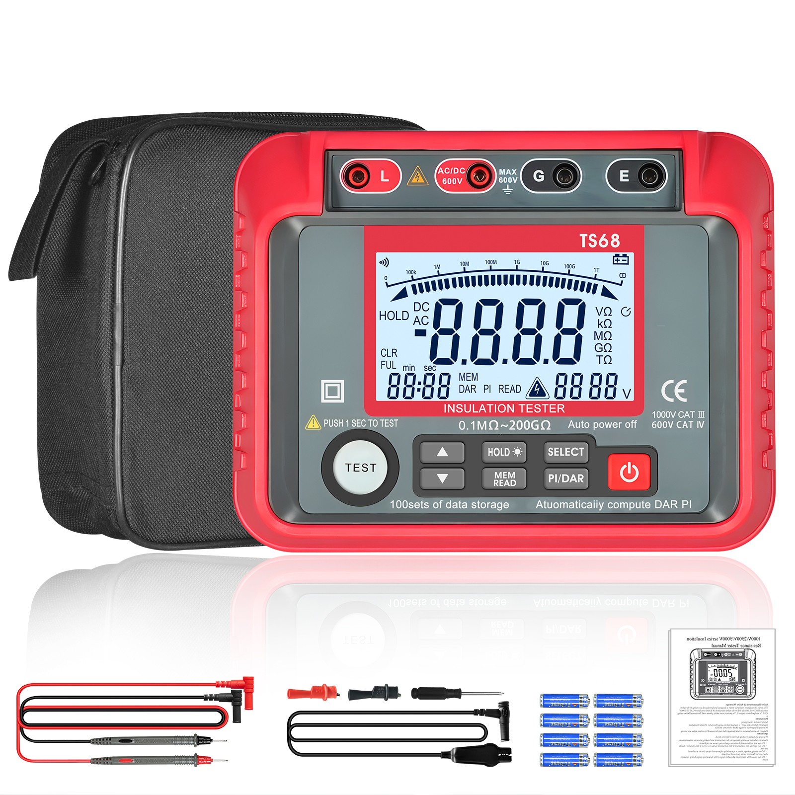 Insulation Resistance Tester 2500V Megohmmeter PI DAR Data Hold Backlight AC/DCV
