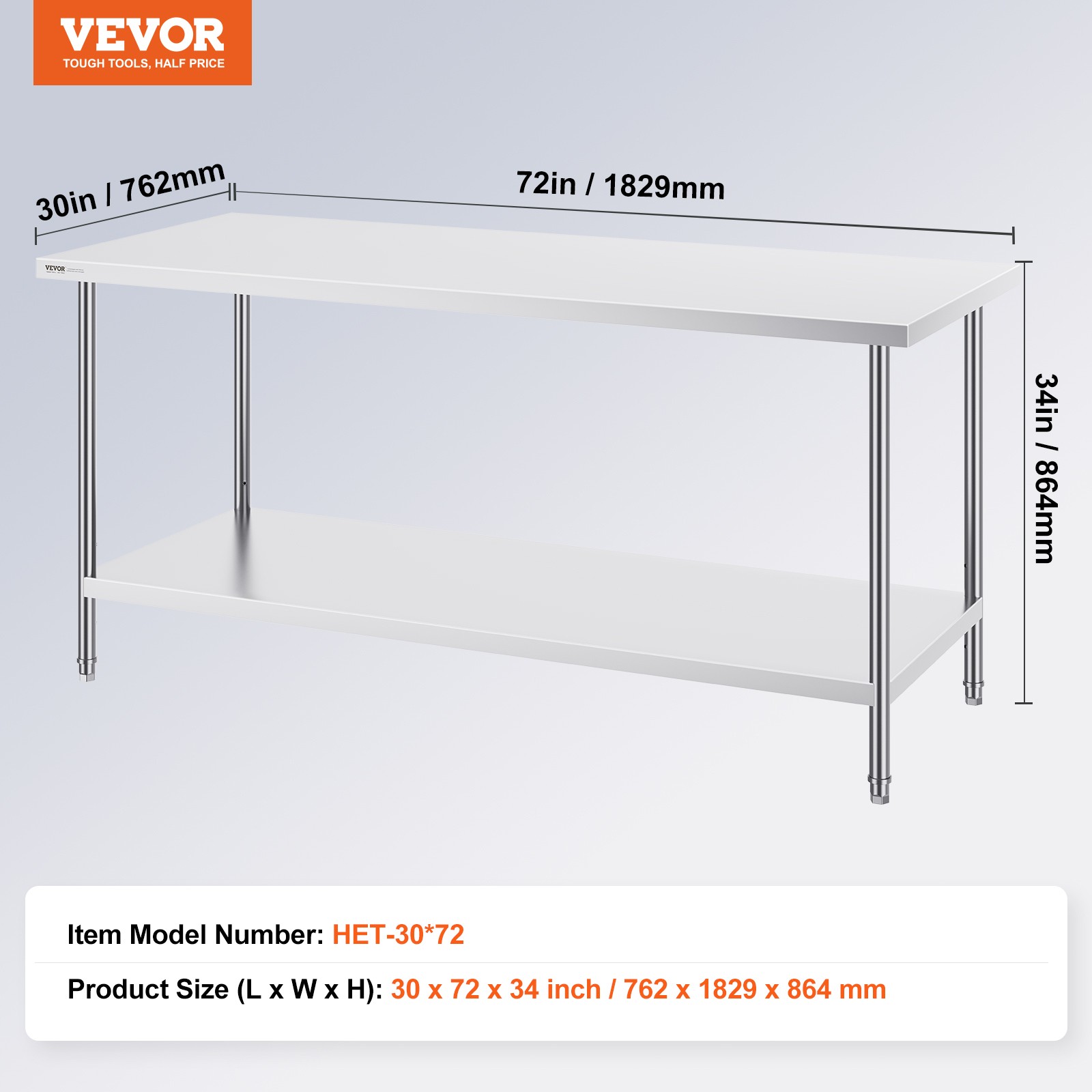 VEVOR Stainless Steel Work Prep Table Commercial Worktable Food Prep 30x72x34in