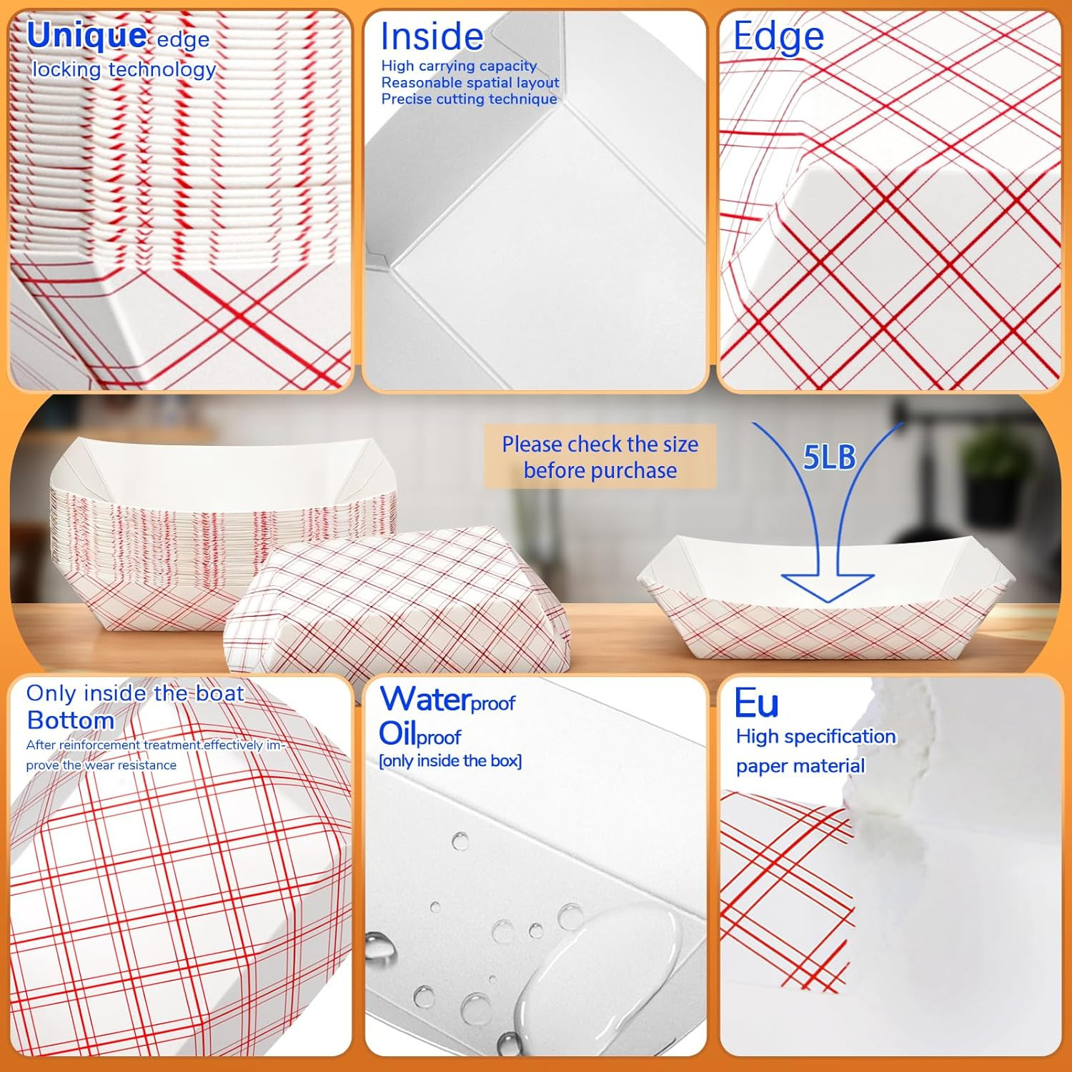 Extra Large 4Lb Disposable Paper Food Boats – 100 Pack Checkered Kraft Trays