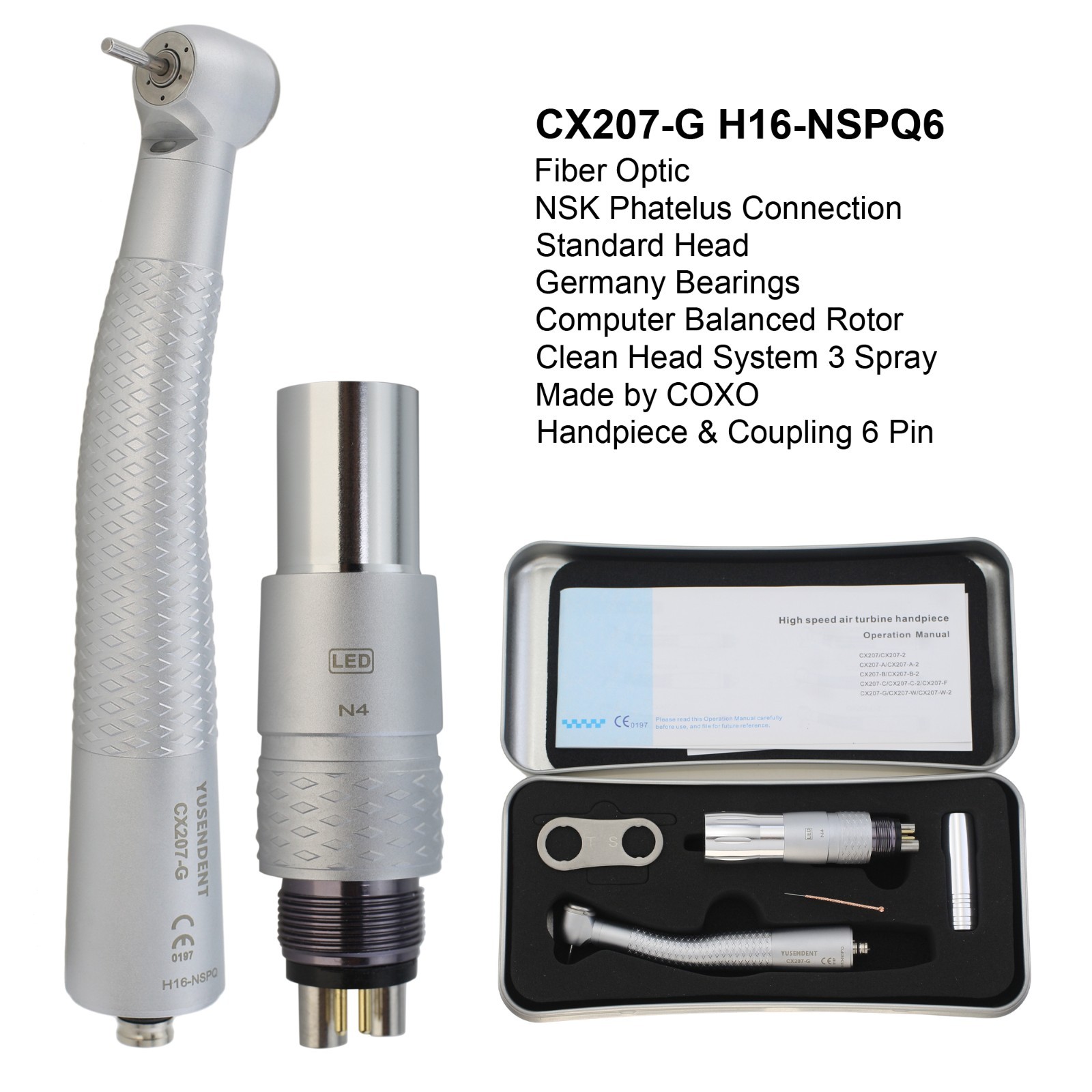 COXO Dental Handpiece High Speed Fiber Optic LED CX207-G KaVo NSK WH Coupling