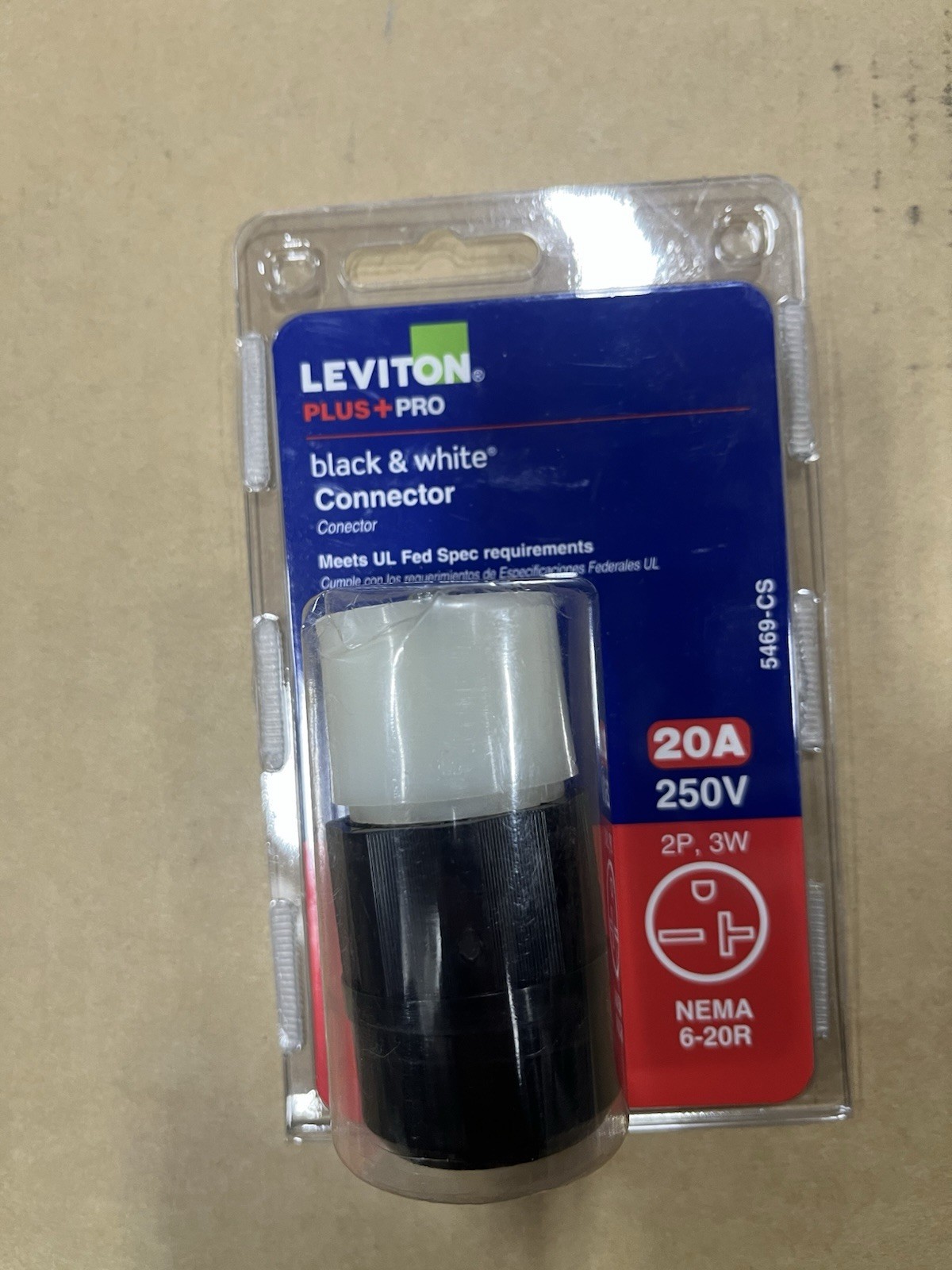 Leviton 5469-CS 20 Amp 250-Volt Straight Blade Connector, Black and White