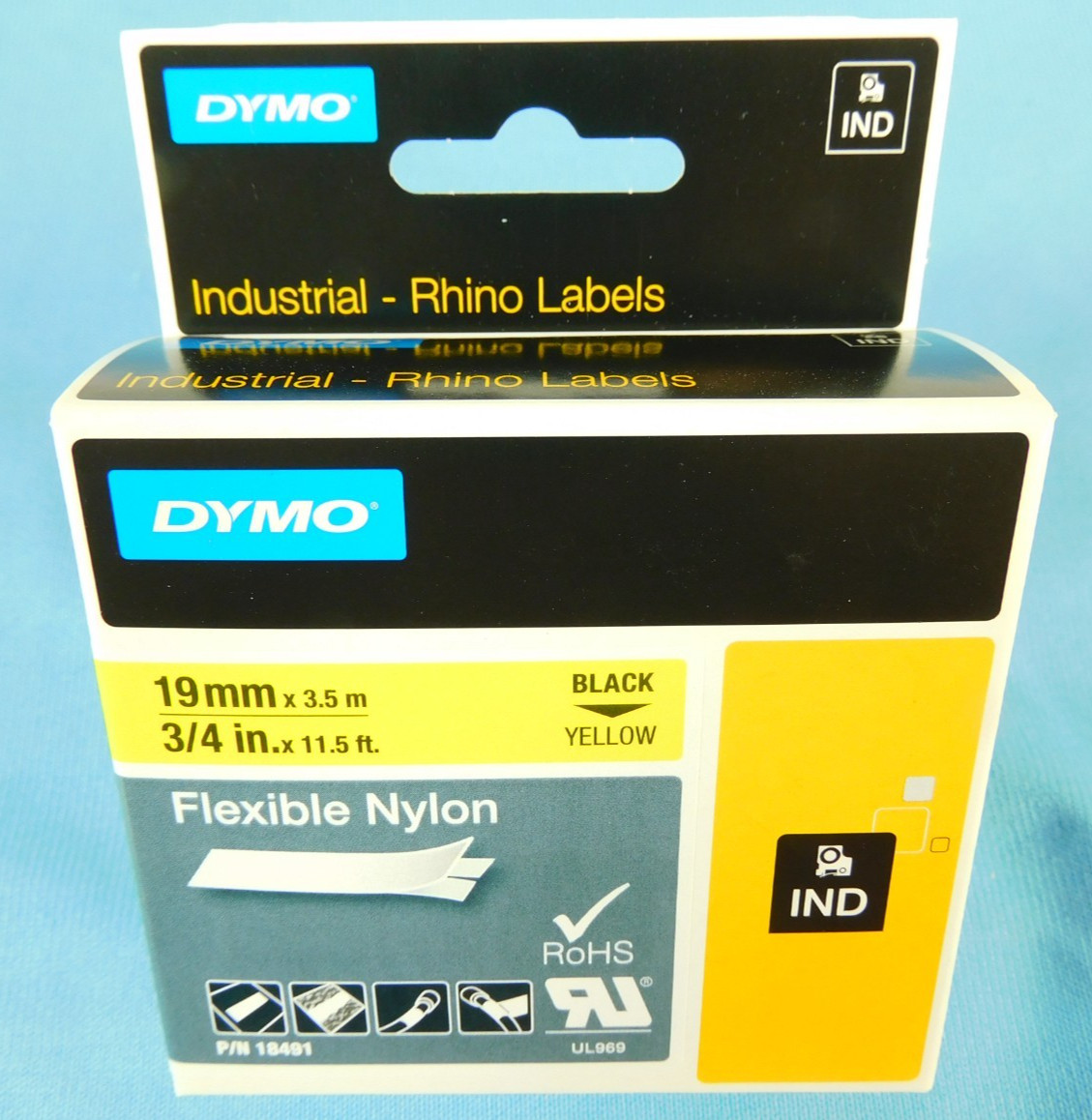 Dymo Rhino 18491 Yellow Flexible Nylon Tape 3/4″ Black Text on Yellow 11.5 Feet