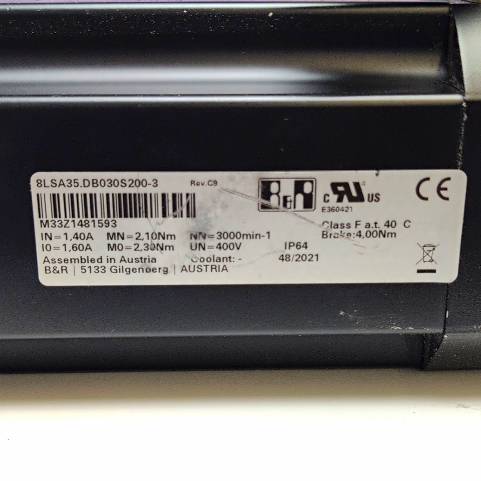 B&R Servomotor 8LSA35.DB030S200-3 400V 0.8kW 2.1Nm 3000rpm IP64