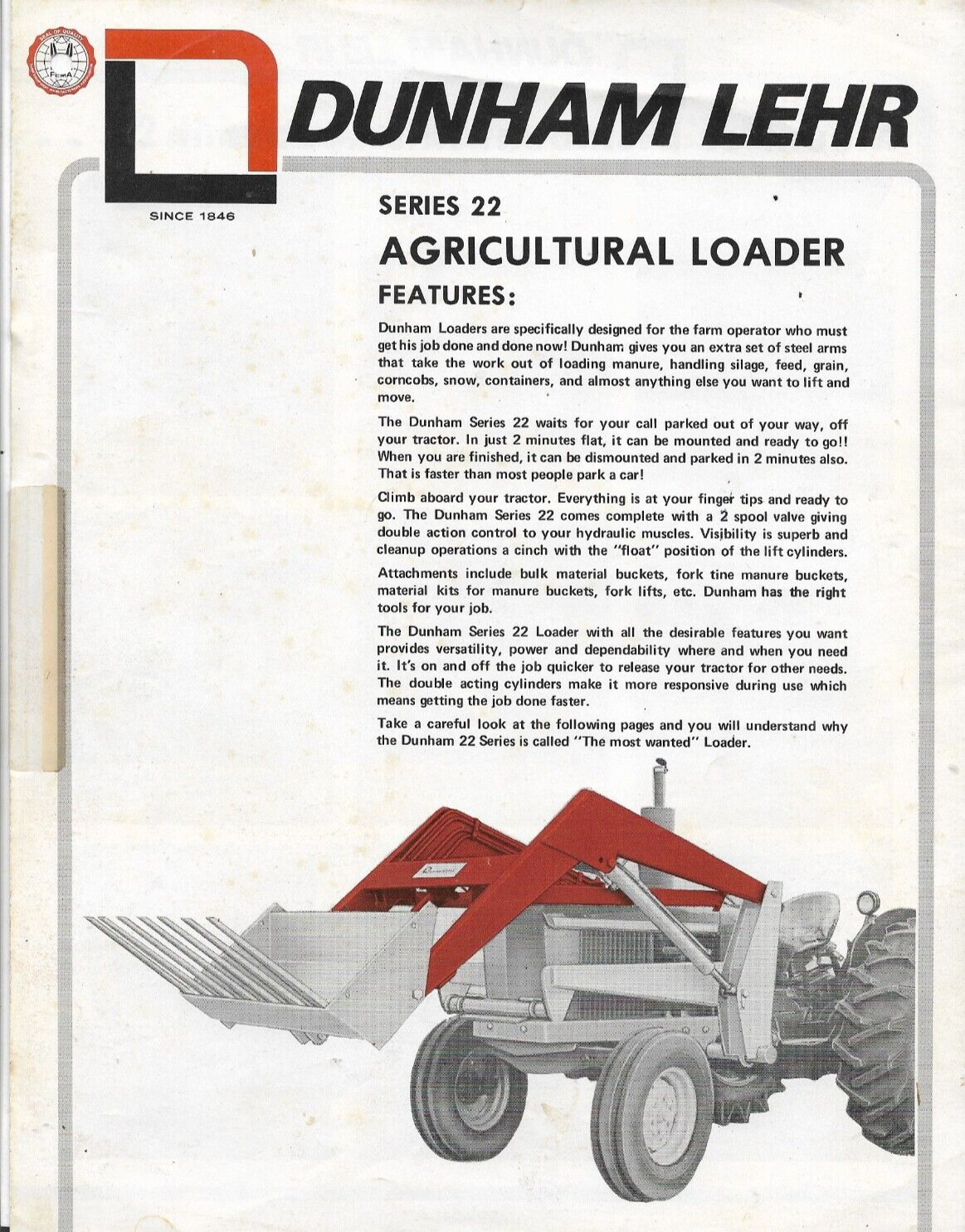 DUNHAM LEHR LOADER TRACTOR SERIES 22 FARM Form DL02-71 Brochure Specifications