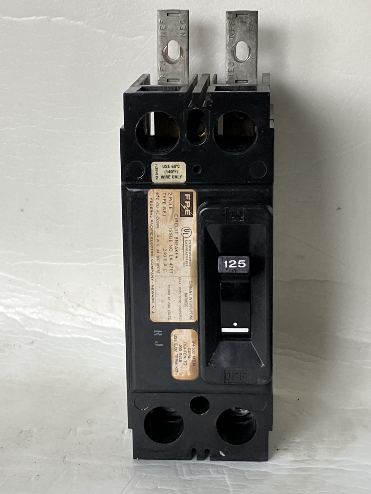 FPE Federal Pacific NEJ221125 Circuit Breaker Type NEJ 2 Pole 125 AMP 10kA@ 240V
