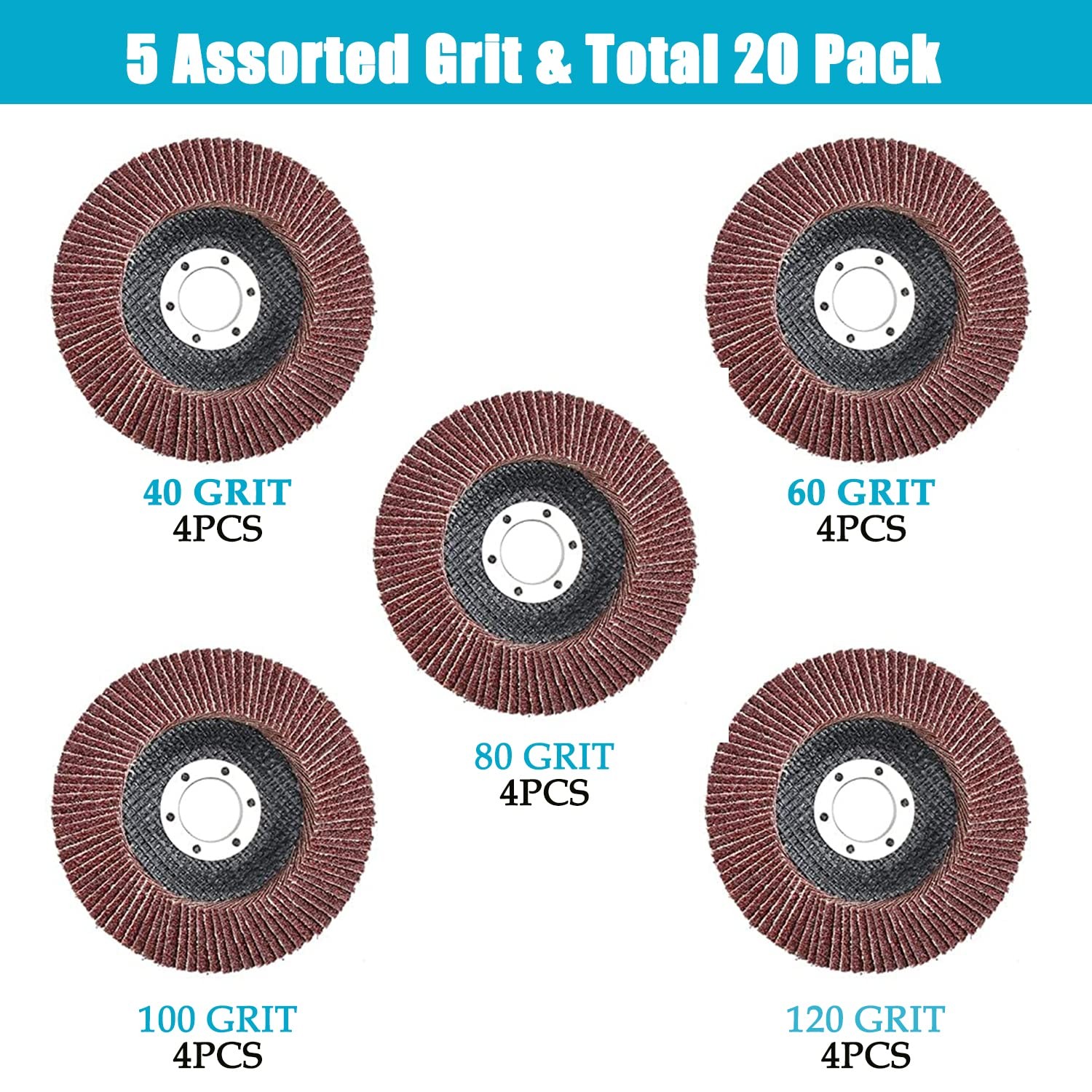 71878 4.5 Inch Flap Discs 20 Pack 40 60 80 100 120 Grit Type 27 7/8 Inch Arbor
