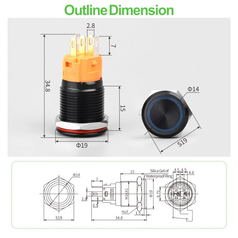 16mm Tri-color RGB LED Ring LED Black aluminium alloy Push Button switch CE,RoHS