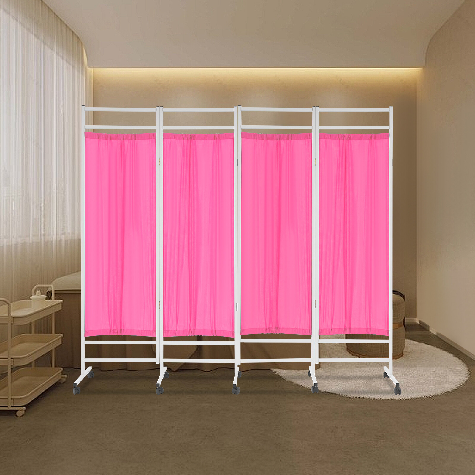 4 Panels Foldable Medical Room Divider Portable Medical Privacy Screen Pink