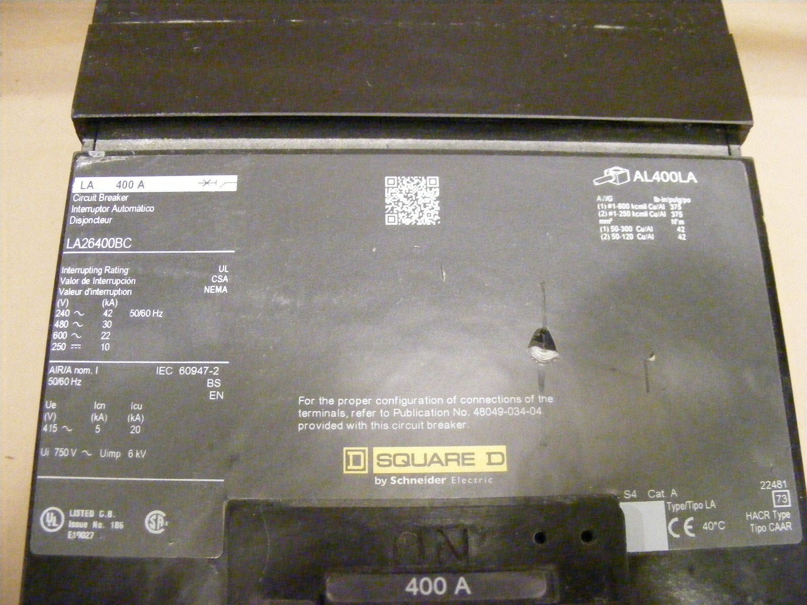 Used Square D LA26400BC 400A 2 Pole (42kAIC @240V) Breaker