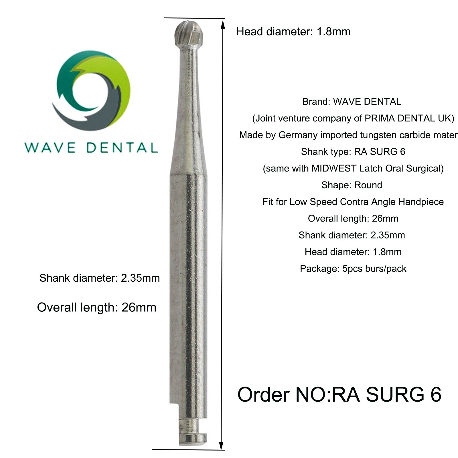 Wave Dental Burs Carbide Surgical Round Latch 26/34mm RA Slow Speed Contra Angle