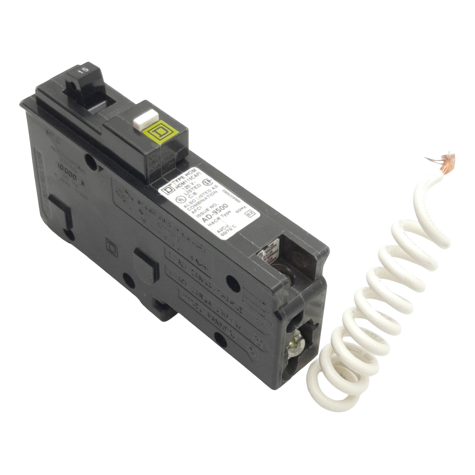 Square-D HOM115CAFI Mini Circuit Breaker, 1-Pole, 15A, 120VAC, Plug-On