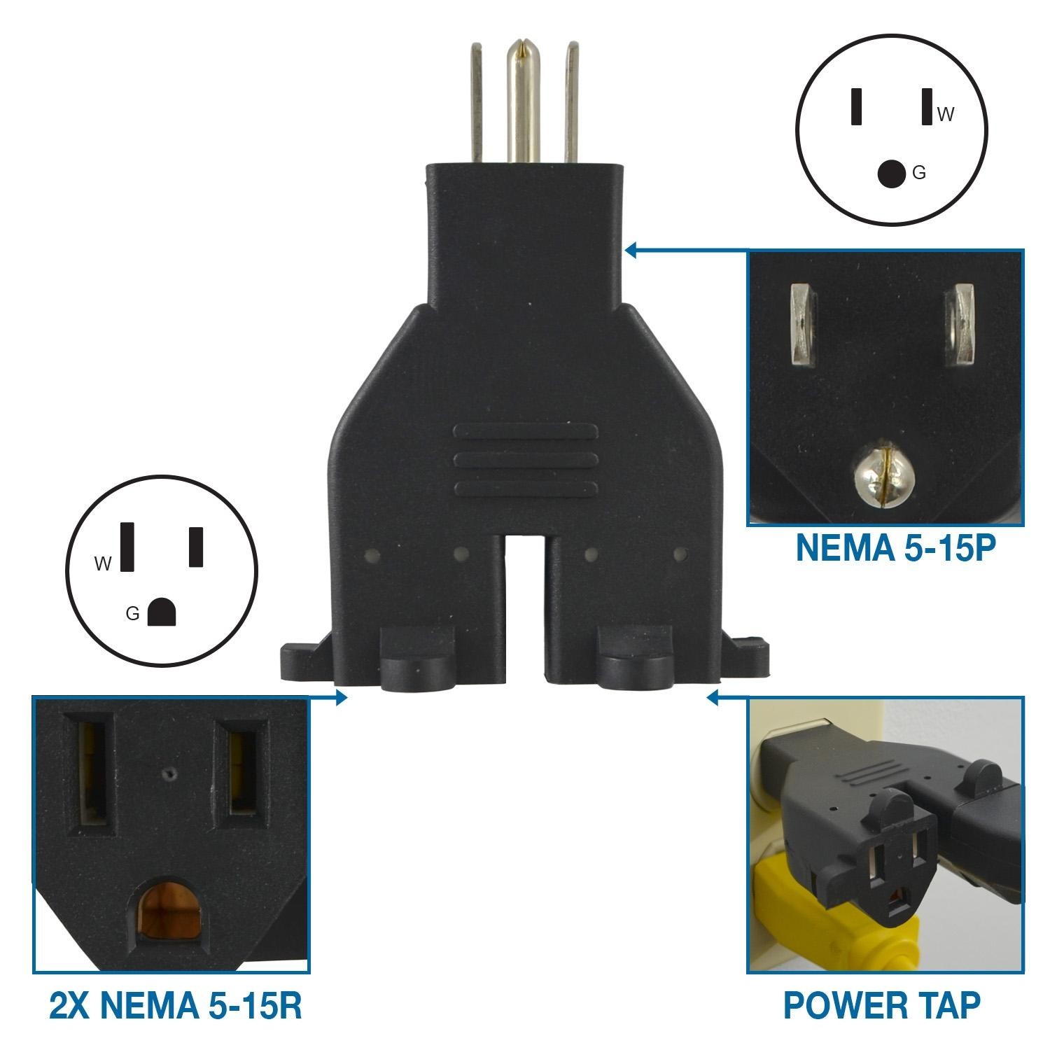 Conntek 30104 U.S. 3-Prong Heavy Duty Dual Outlet Adapter, Black