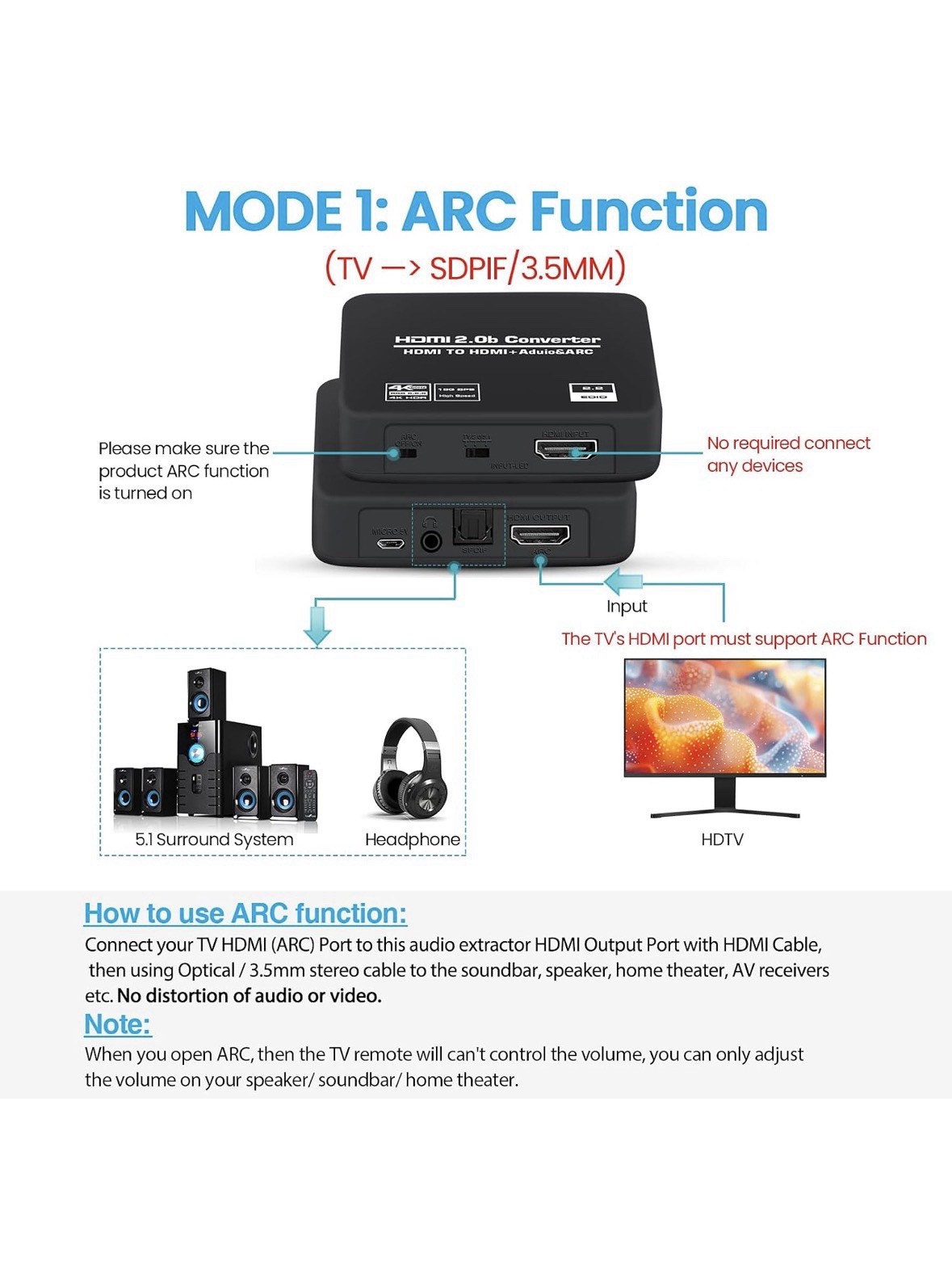 4K@60Hz HDMI 2.0b Audio Extractor Converter Adapter Splitter, HDMI eARC/ARC +…