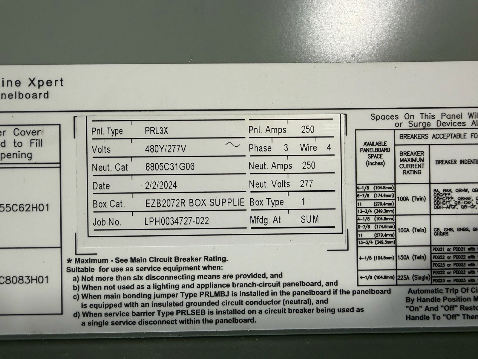 1-EATON PRL3X 250A 480/277V 3P4W MAIN BREAKER PANELBOARD NEMA 1 SURFACE 72” NEW