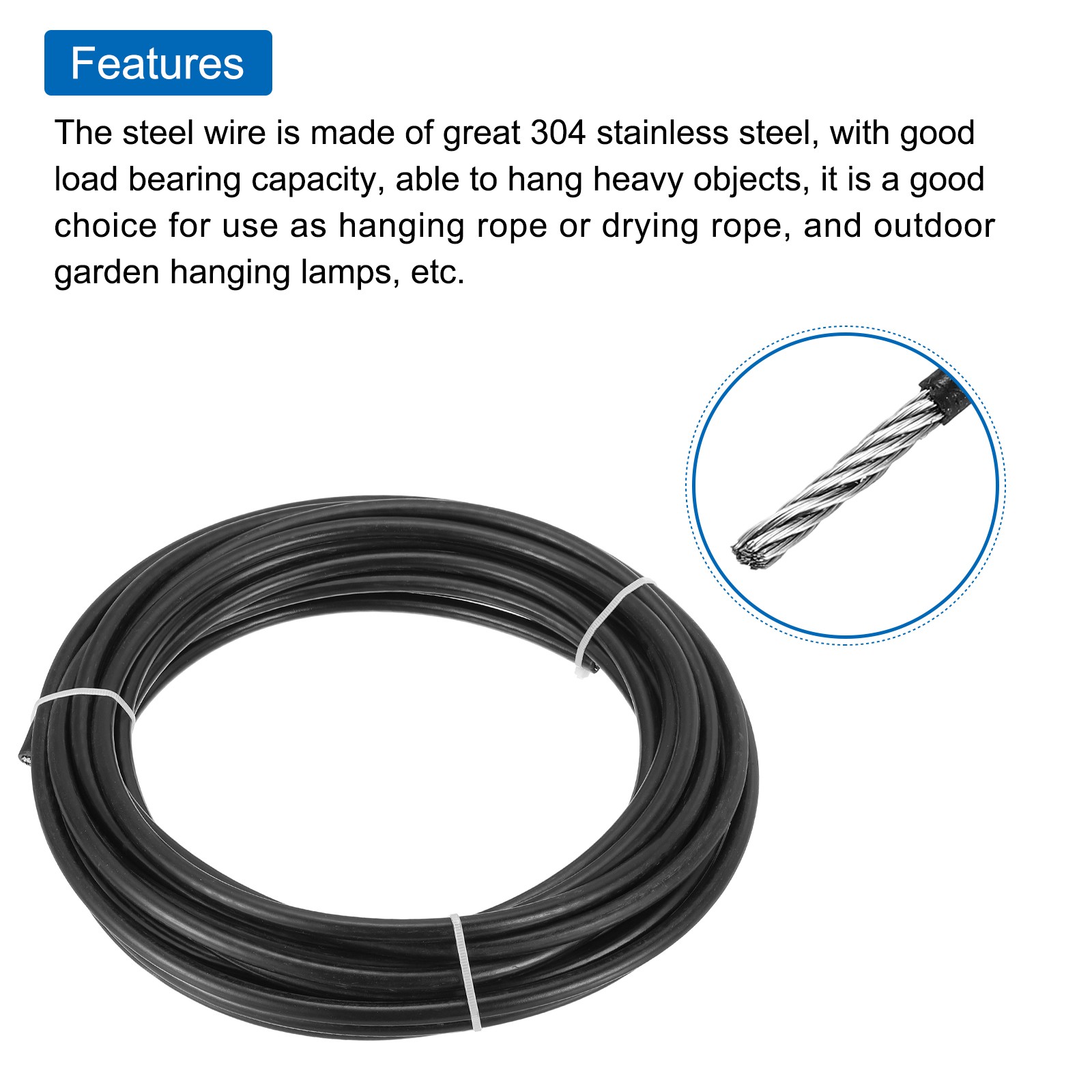 33Ft(10M) Wire Rope Stainless Steel Cable 5/16″ 4pcs Sleeves & Thimble Black