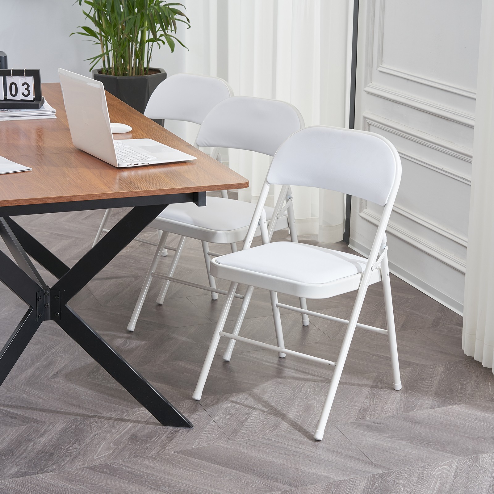 6Pcs White Folding Chairs Padded Metal Frame Leather Foldable Chair Party Event