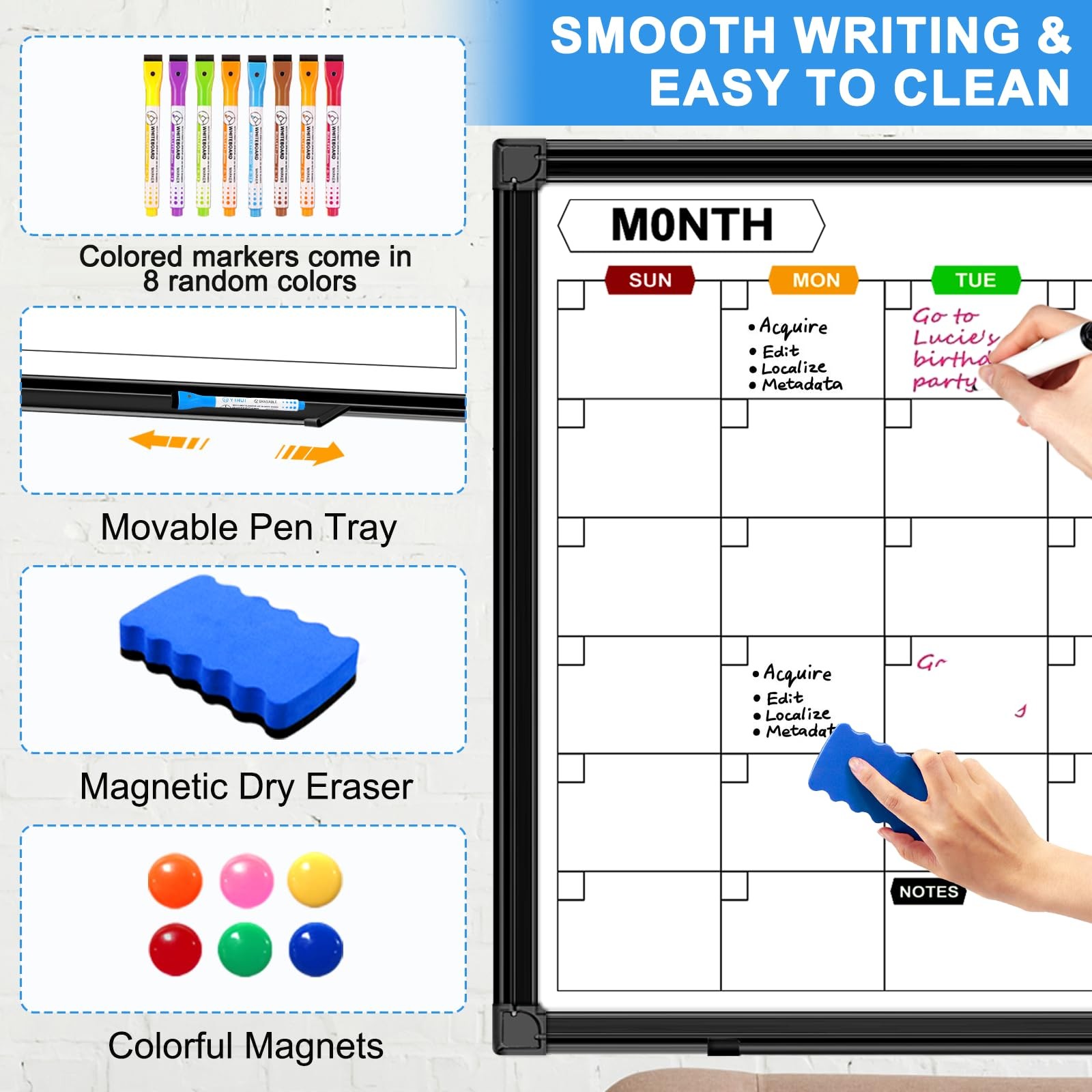 Monthly Dry Erase Whiteboard Calendar 24 x 18 in, Wall Mount, Aluminum Frame