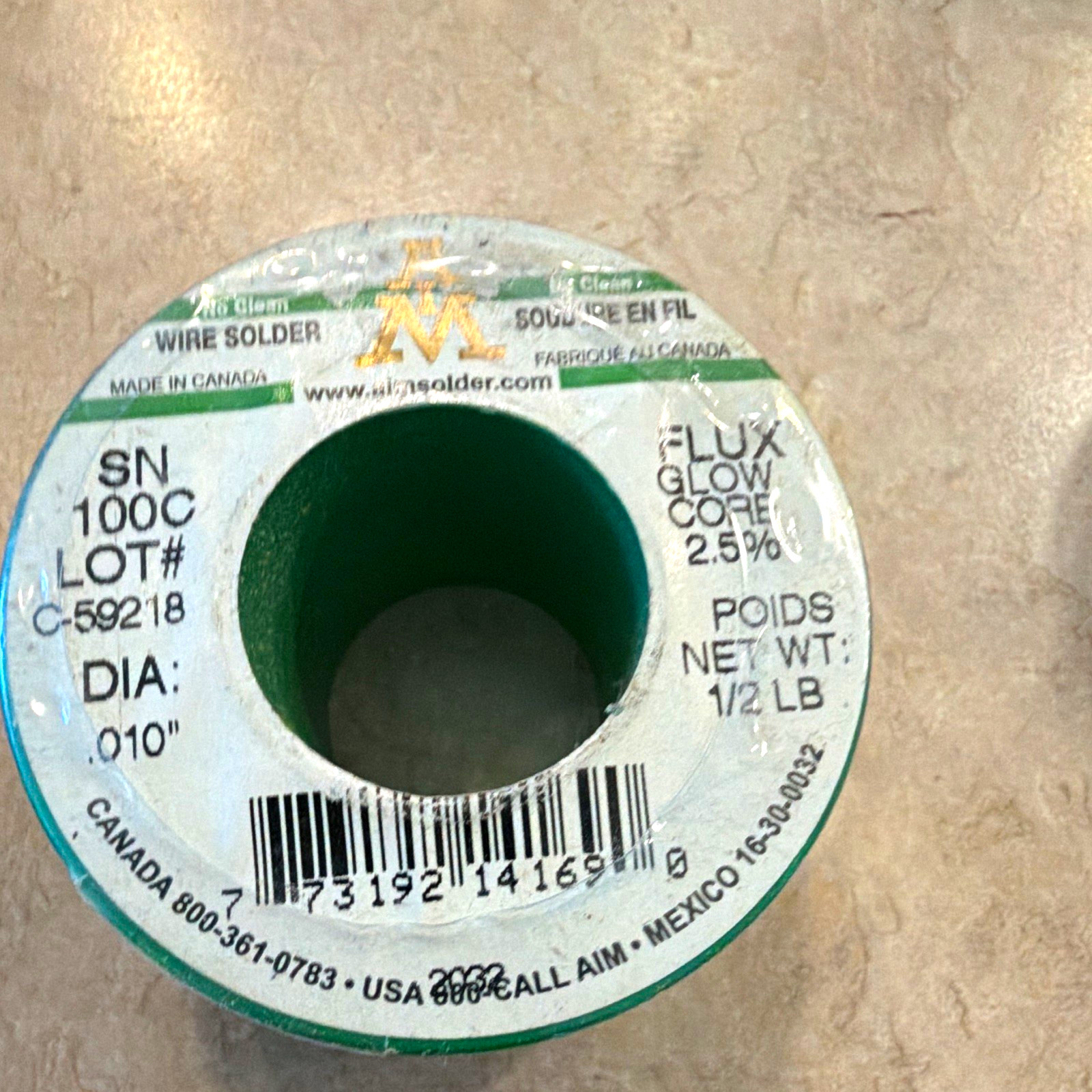 AIM SN100C Flux Core Wire Solder 2.5% 0.010 in 1/2 lb Spool 16-30-0002