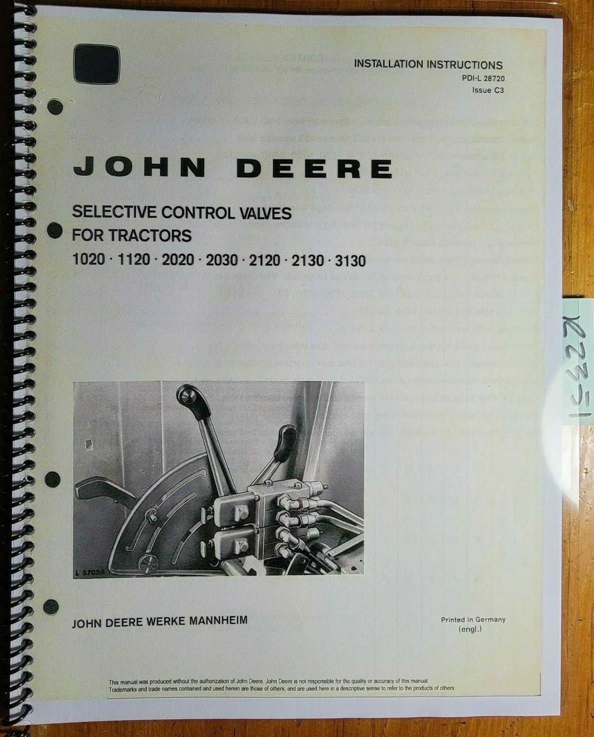 John Deere Selective Control Valves 1020 1120 2020 2030 2120 2130 3130 Manual